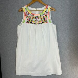 J Crew White Sleeveless Dress Mexican Embroidered Flowers Linen Cotton Size 8